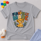 Fearfully Made Lion Christian kids shirt in gray featuring a smiling lion cub with leafy accents
