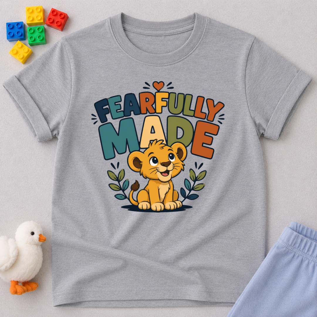 Fearfully Made Lion Christian kids shirt in gray featuring a smiling lion cub with leafy accents
