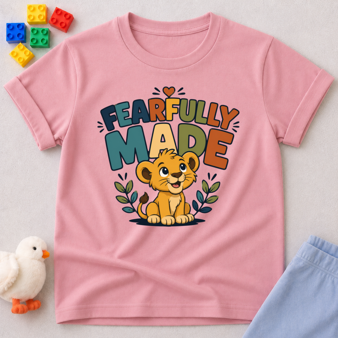 Fearfully Made Lion Christian kids shirt in pink featuring a smiling lion cub with leafy accents
