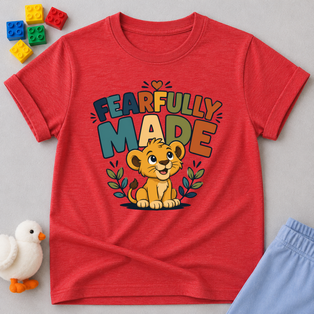 Fearfully Made Lion Christian kids shirt in red featuring a smiling lion cub with leafy accents
