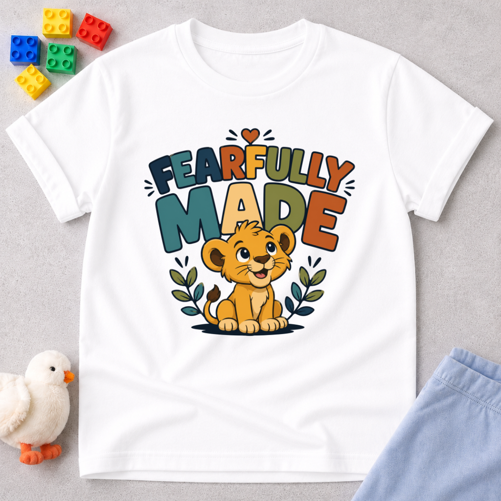 Fearfully Made Lion Christian kids shirt in white featuring a smiling lion cub with leafy accents

