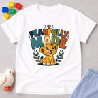 Fearfully Made Lion Christian kids shirt in white featuring a smiling lion cub with leafy accents
