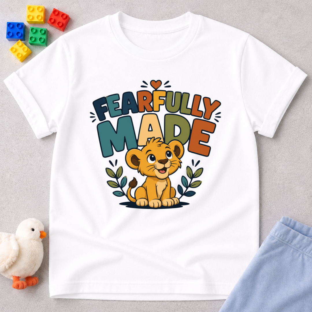 Fearfully Made Lion Christian kids shirt in white featuring a smiling lion cub with leafy accents

