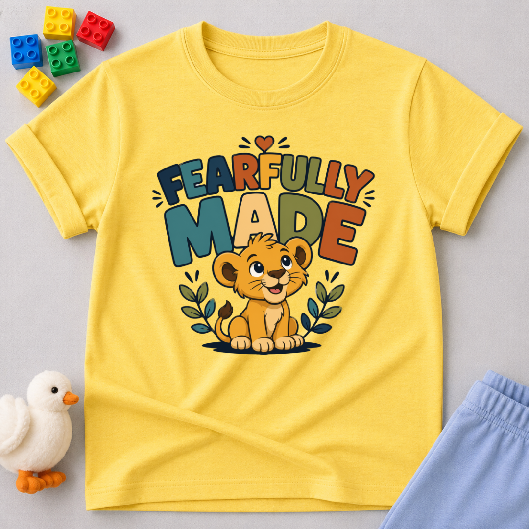 Fearfully Made Lion Christian kids shirt in yellow featuring a smiling lion cub with leafy accents
