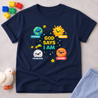 Fearless By Gods Design Christian kids shirt in Navy featuring faith affirmation icons with fearless, loved, and strong messages