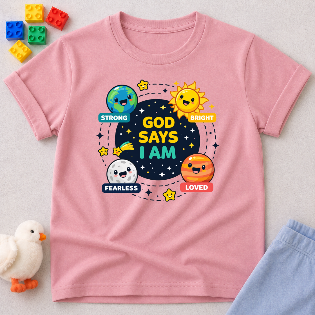 Fearless By Gods Design Christian kids shirt in Pink featuring faith affirmation icons with fearless, loved, and strong messages