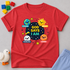 Fearless By Gods Design Christian kids shirt in Red featuring faith affirmation icons with fearless, loved, and strong messages