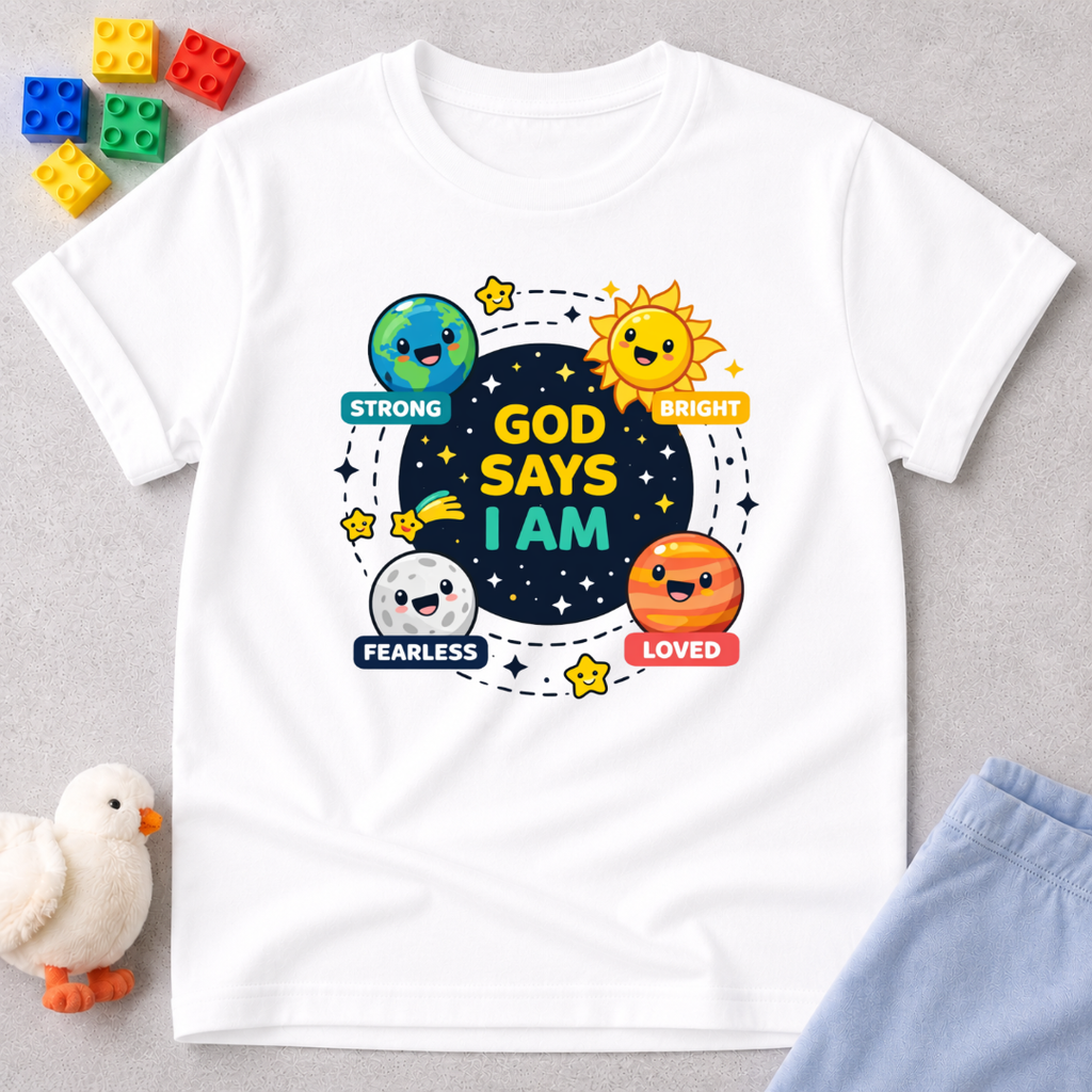Fearless By Gods Design Christian kids shirt in White featuring faith affirmation icons with fearless, loved, and strong messages
