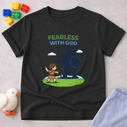 Fearless David Victory Christian kids shirt in Black featuring David facing Goliath in a faith-inspired design