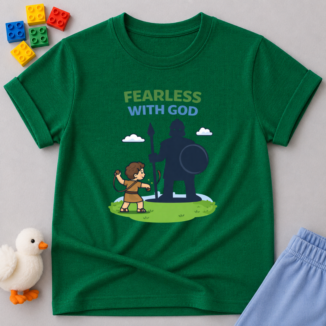 Fearless David Victory Christian kids shirt in Green featuring David facing Goliath in a faith-inspired design