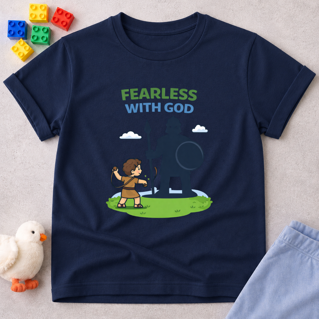 Fearless David Victory Christian kids shirt in Navy featuring David facing Goliath in a faith-inspired design