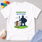 Fearless David Victory Christian kids shirt in White featuring David facing Goliath in a faith-inspired design