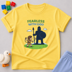 Fearless David Victory Christian kids shirt in Yellow featuring David facing Goliath in a faith-inspired design