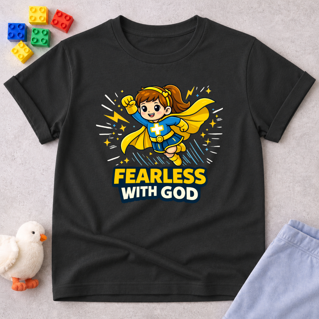 Fearless Faith Princess Christian kids shirt in Black featuring a brave girl superhero and faith message
