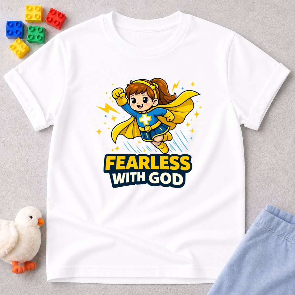 Fearless Faith Princess Christian kids shirt in White featuring a brave girl superhero and faith message