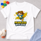 Fearless Faith Princess Christian kids shirt in White featuring a brave girl superhero and faith message