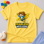 Fearless Faith Princess Christian kids shirt in Yellow featuring a brave girl superhero and faith message