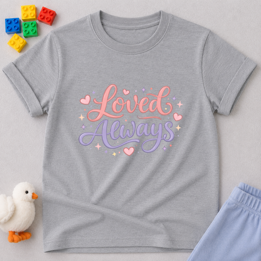 Forever Loved Promise Christian kids shirt in Gray featuring a loving affirmation design