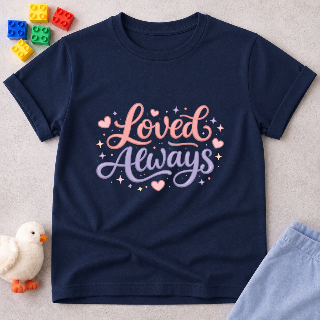 Forever Loved Promise Christian kids shirt in Navy featuring a loving affirmation design