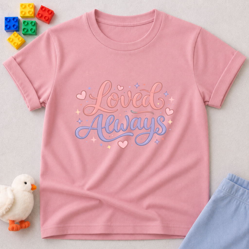 Forever Loved Promise Christian kids shirt in Pink featuring a loving affirmation design