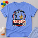 Freedom Builder Crane Shirt Christian kids shirt in blue featuring a patriotic construction crane

