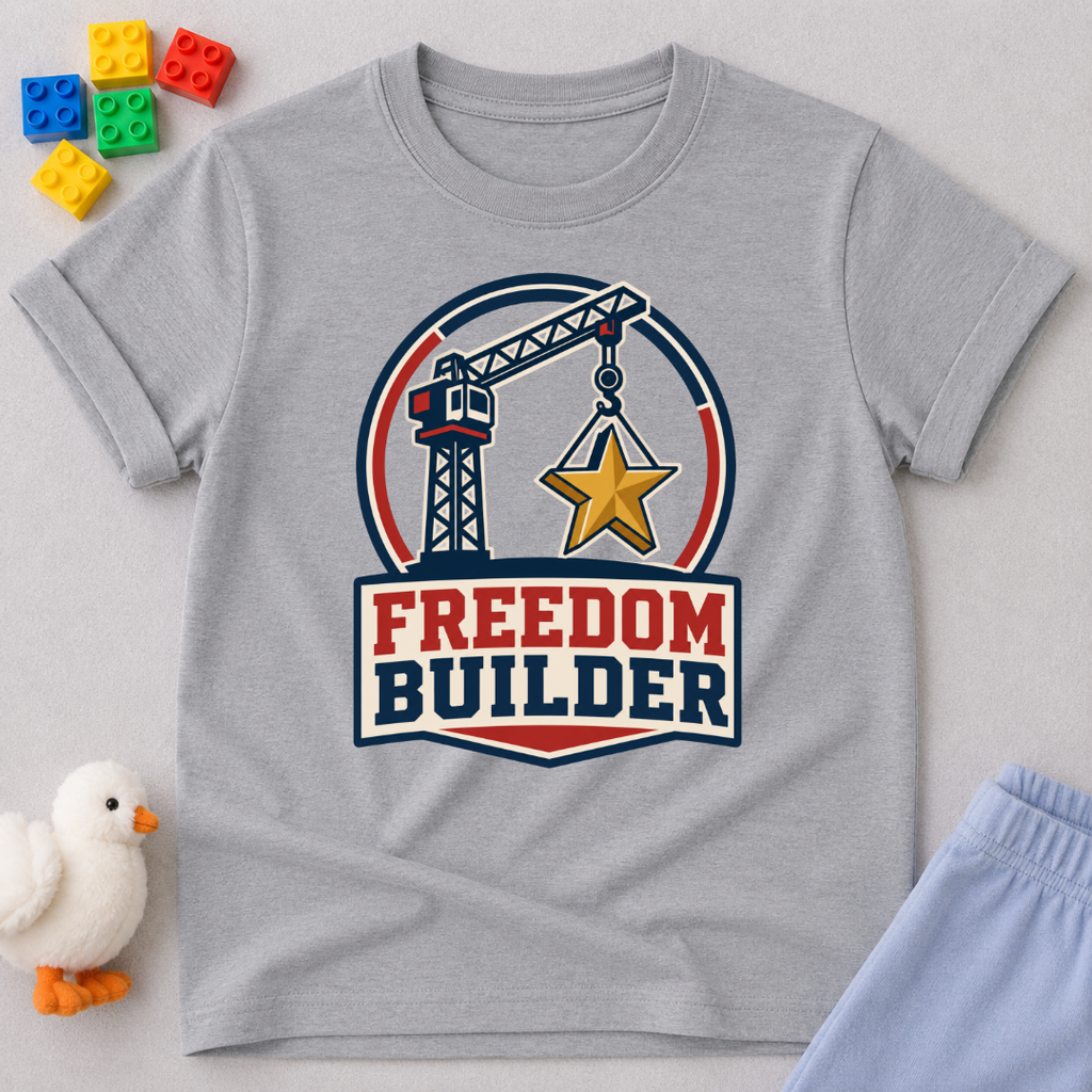 Freedom Builder Crane Shirt Christian kids shirt in gray featuring a patriotic construction crane
