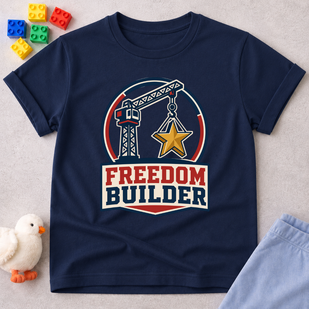 Freedom Builder Crane Shirt Christian kids shirt in navy featuring a patriotic construction crane
