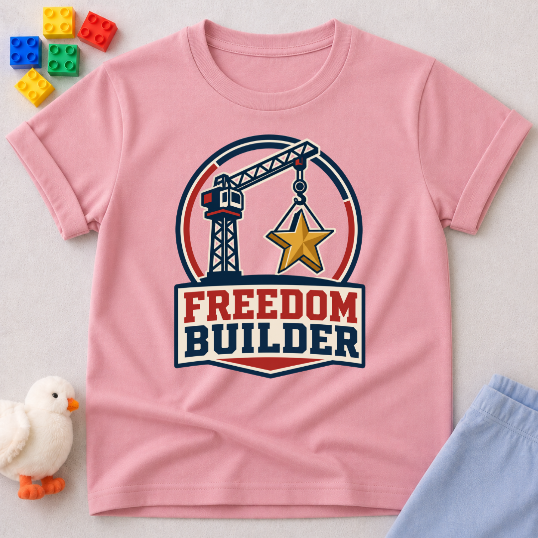 Freedom Builder Crane Shirt Christian kids shirt in pink featuring a patriotic construction crane
