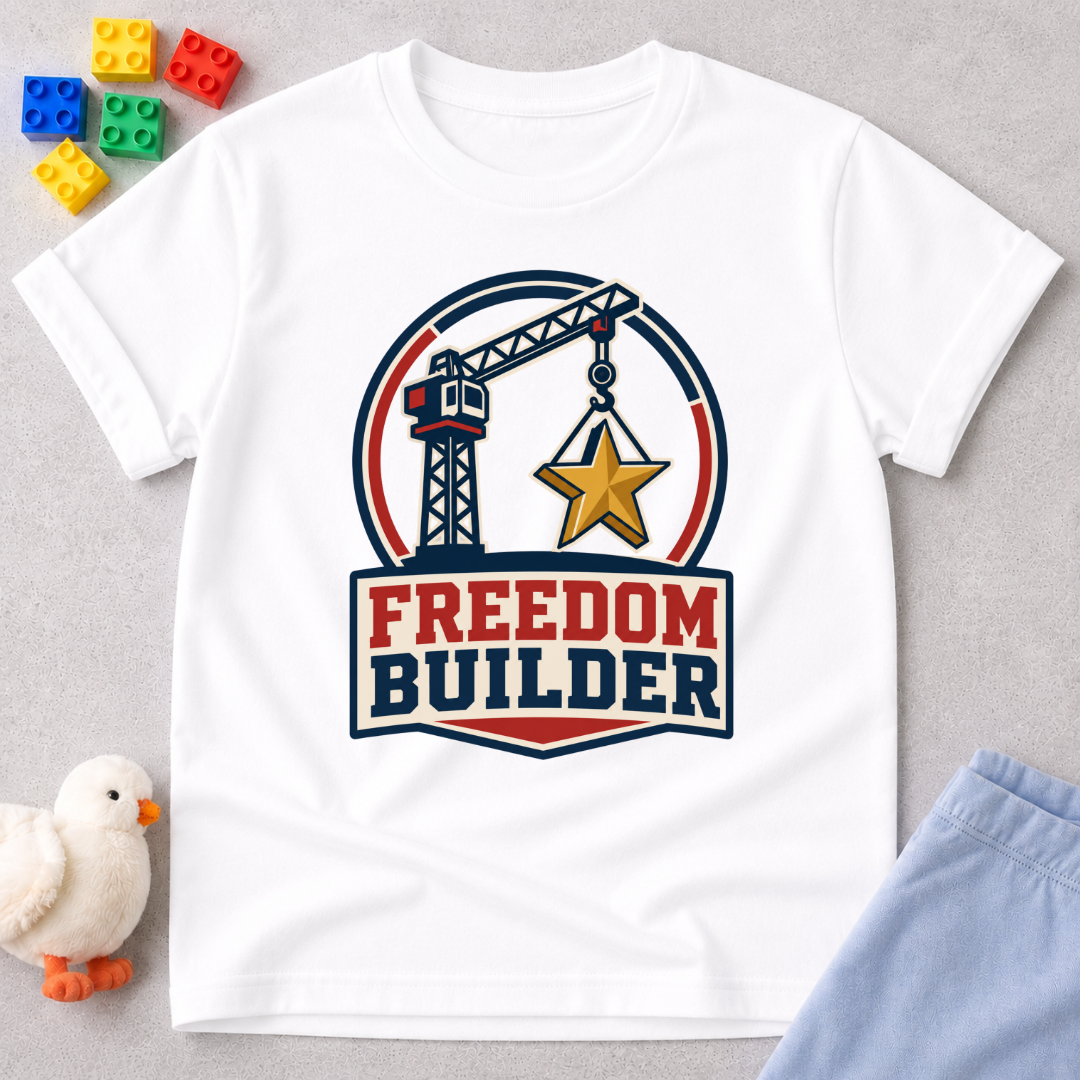 Freedom Builder Crane Shirt Christian kids shirt in white featuring a patriotic construction crane
