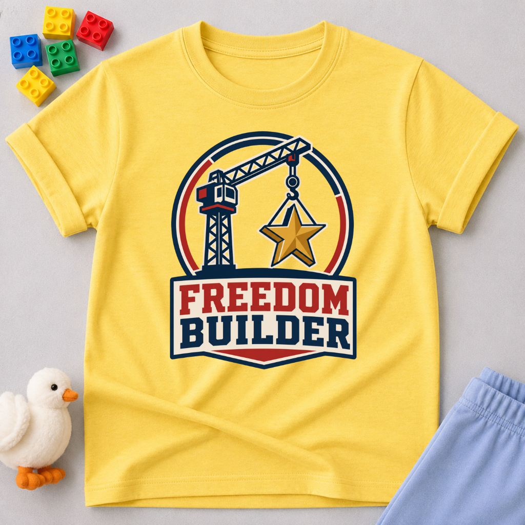 Freedom Builder Crane Shirt Christian kids shirt in yellow featuring a patriotic construction crane
