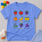 Fruit Filled Character Garden Christian kids shirt in Blue featuring fruit characters representing the Fruit of the Spirit