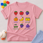 Fruit Filled Character Garden Christian kids shirt in Pink featuring fruit characters representing the Fruit of the Spirit
