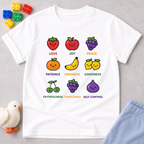 Fruit Filled Character Garden Christian kids shirt in White featuring fruit characters representing the Fruit of the Spirit