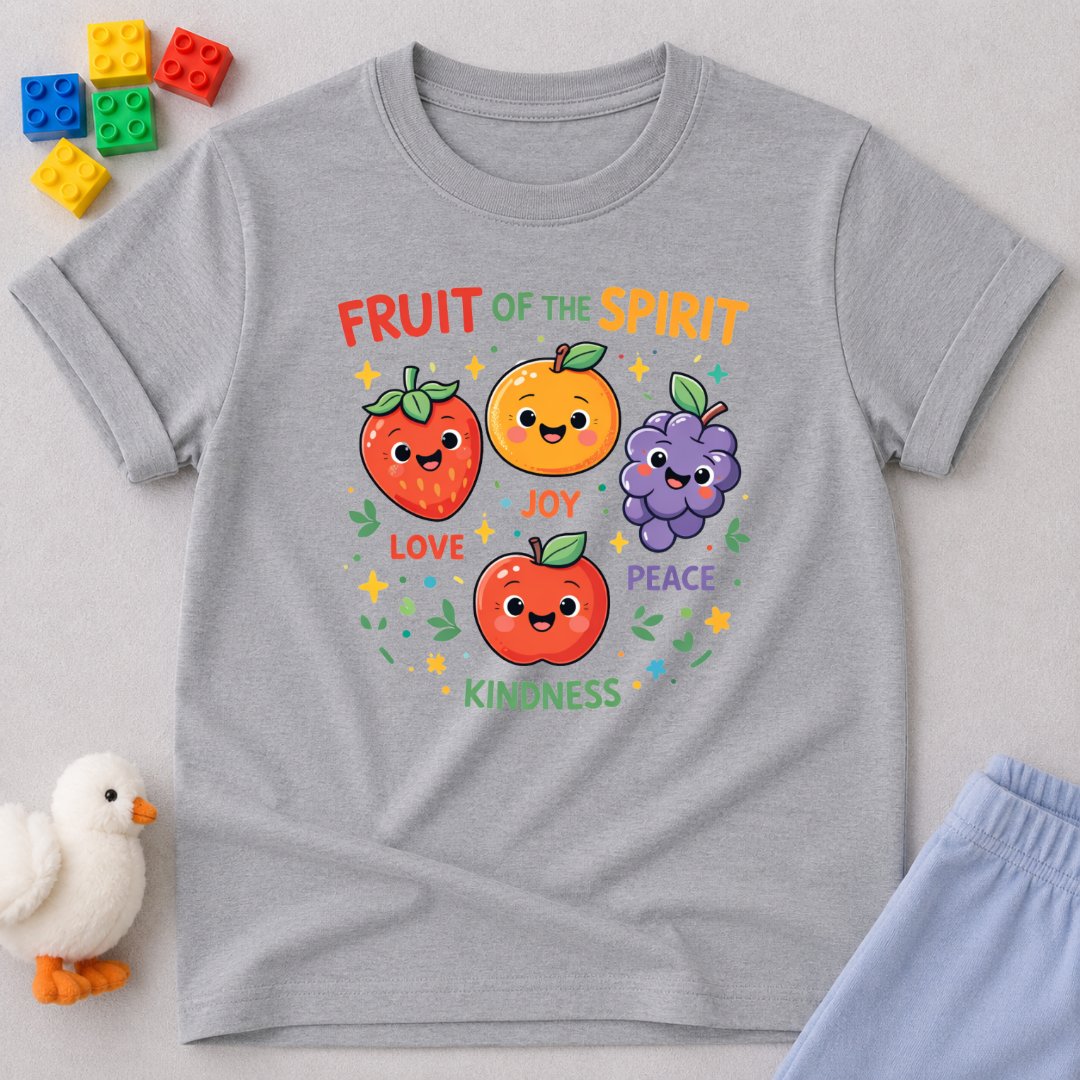Fruit Of The Spirit Friends Christian kids shirt in Gray featuring fruit characters and biblical character lessons