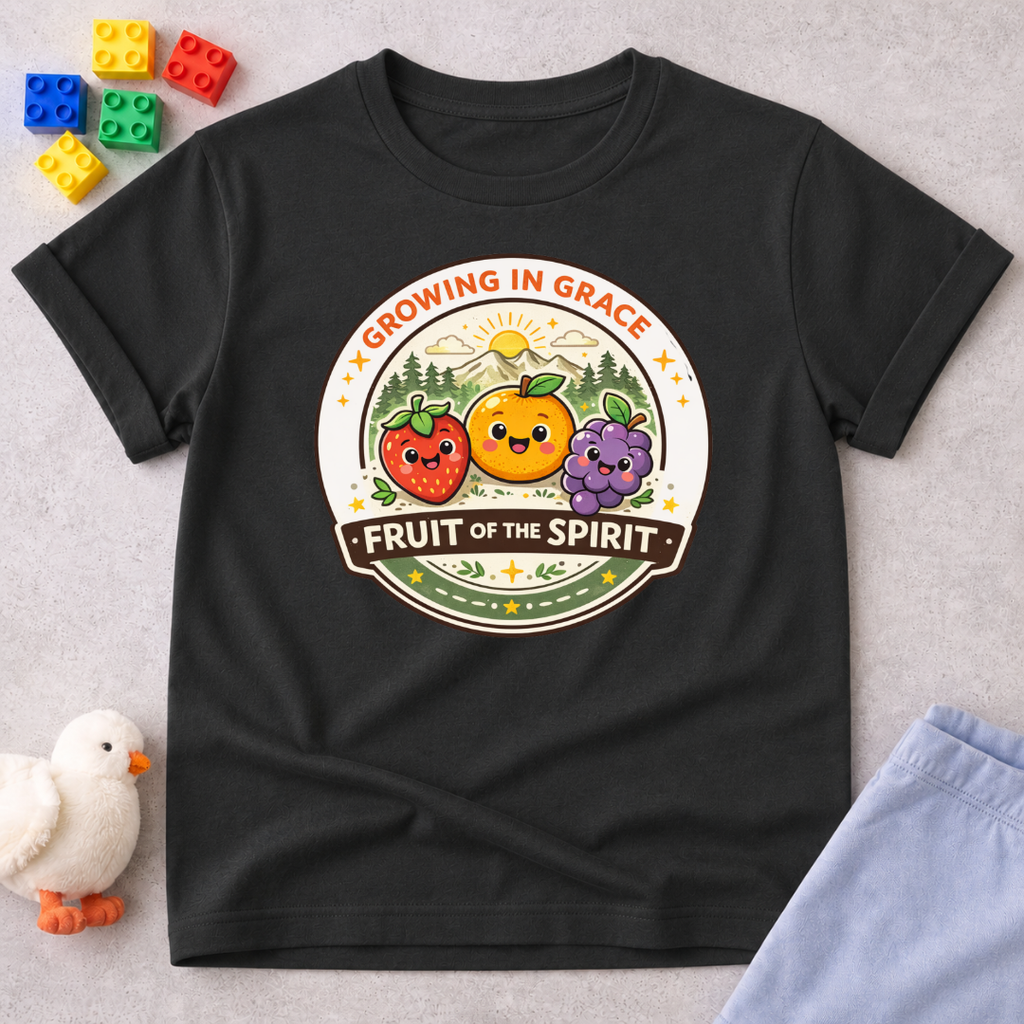 Fruit Of The Spirit Growth Christian kids shirt in Black featuring fruit characters and biblical values