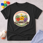 Fruit Of The Spirit Growth Christian kids shirt in Black featuring fruit characters and biblical values