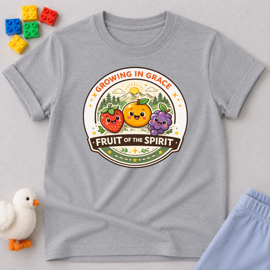 Fruit Of The Spirit Growth Christian kids shirt in Gray featuring fruit characters and biblical values