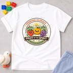 Fruit Of The Spirit Growth Christian kids shirt in White featuring fruit characters and biblical values