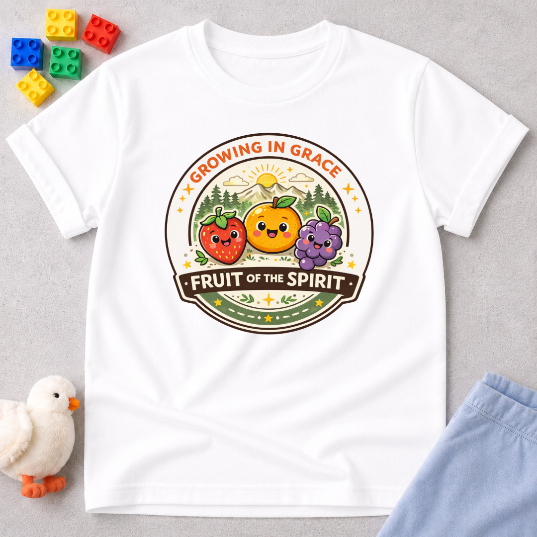 Fruit Of The Spirit Growth Christian kids shirt in White featuring fruit characters and biblical values