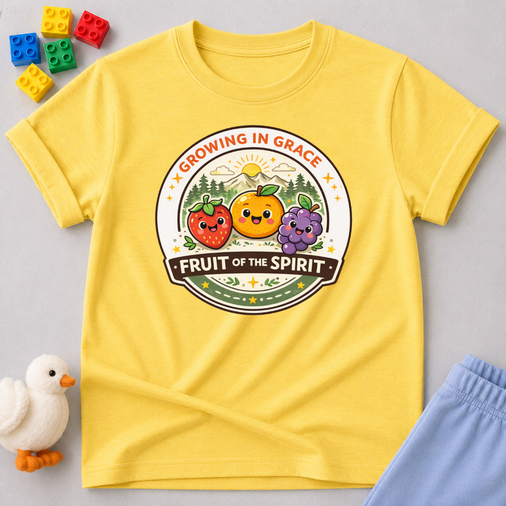 Fruit Of The Spirit Growth Christian kids shirt in Yellow featuring fruit characters and biblical values