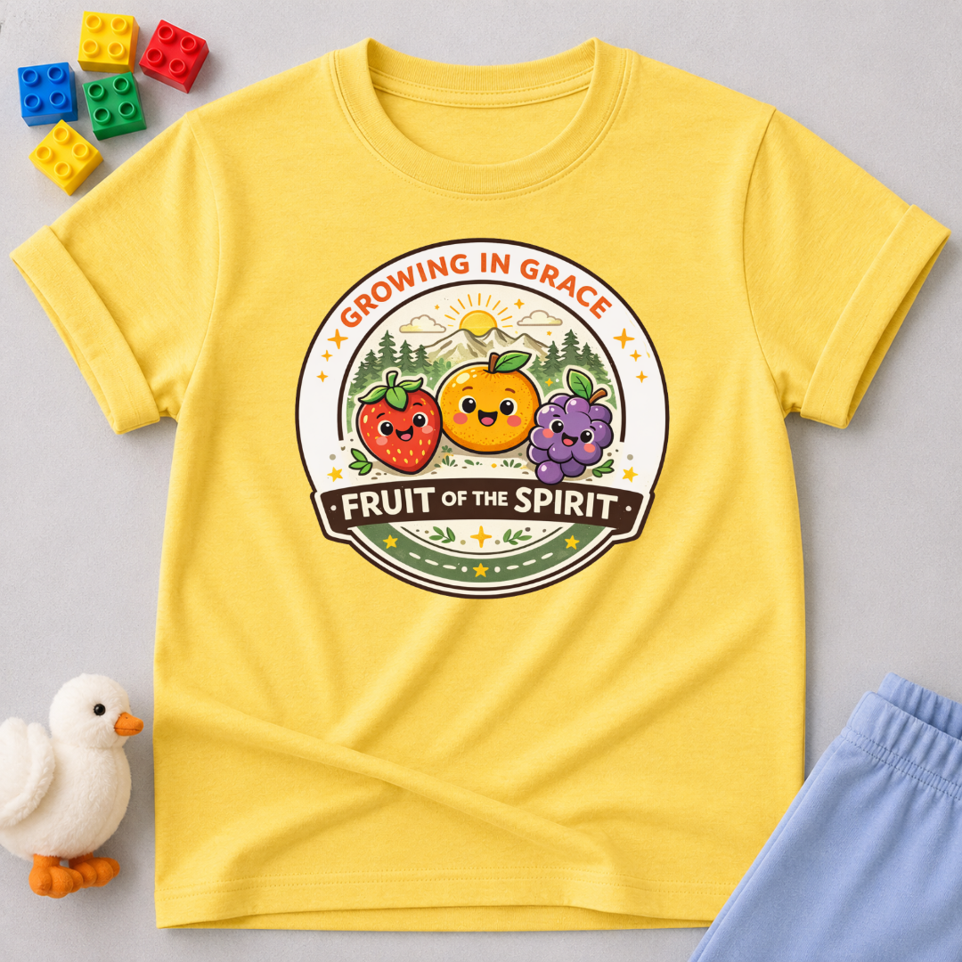 Fruit Of The Spirit Growth Christian kids shirt in Yellow featuring fruit characters and biblical values