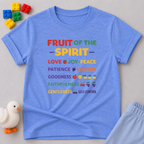 Fruit Of The Spirit Values Christian kids shirt in Blue featuring colorful Fruit of the Spirit faith-based artwork