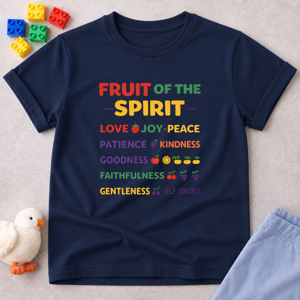 Fruit Of The Spirit Values Christian kids shirt in Navy featuring colorful Fruit of the Spirit faith-based artwork
