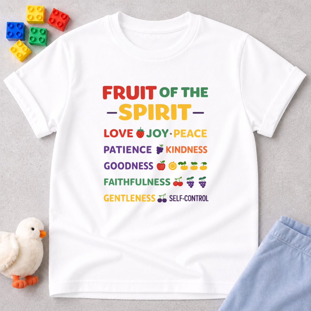 Fruit Of The Spirit Values Christian kids shirt in White featuring colorful Fruit of the Spirit faith-based artwork
