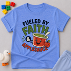 Fueled by Faith and Applesauce Christian kids shirt in blue featuring a smiling applesauce cup
