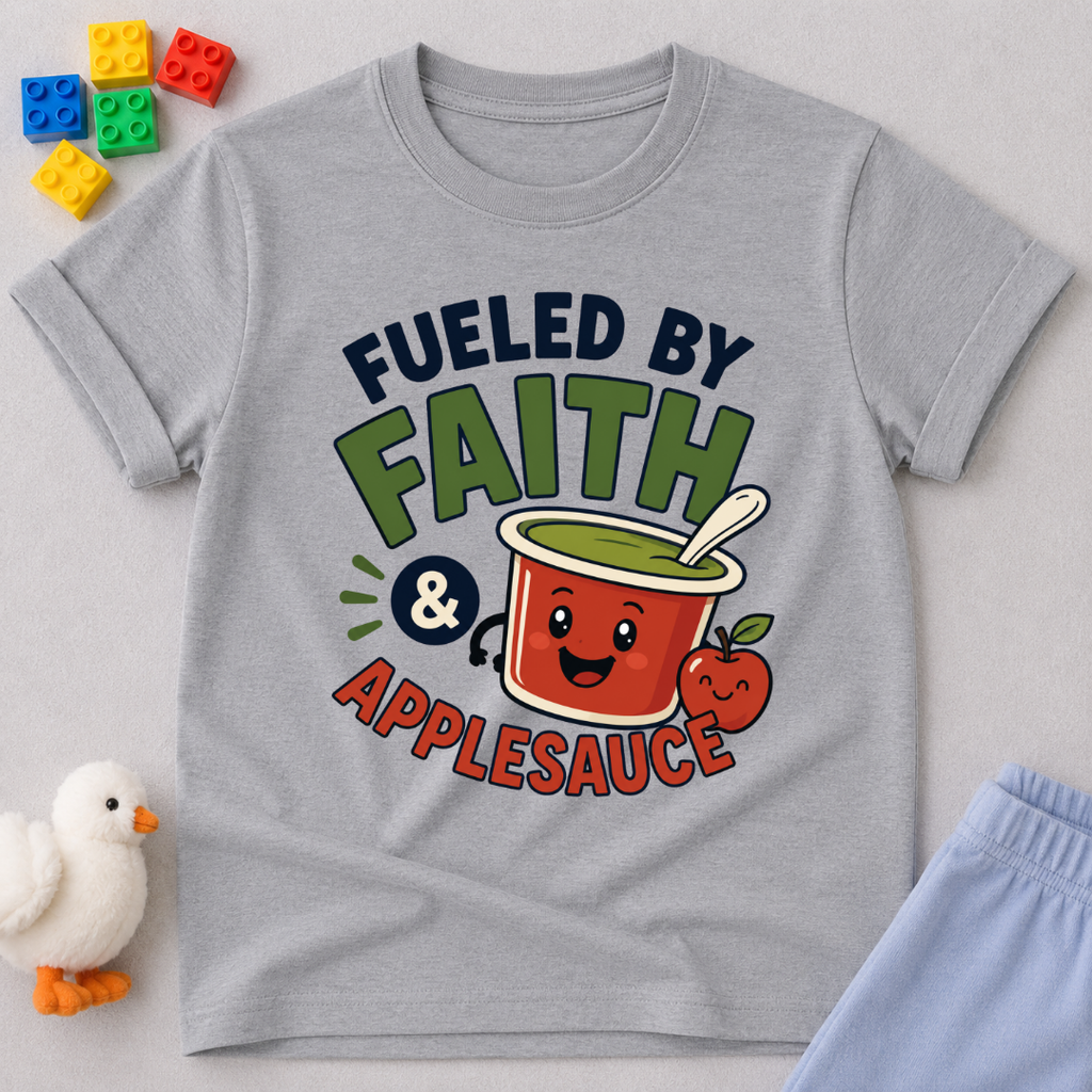 Fueled by Faith and Applesauce Christian kids shirt in gray featuring a smiling applesauce cup
