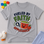 Fueled by Faith and Applesauce Christian kids shirt in gray featuring a smiling applesauce cup
