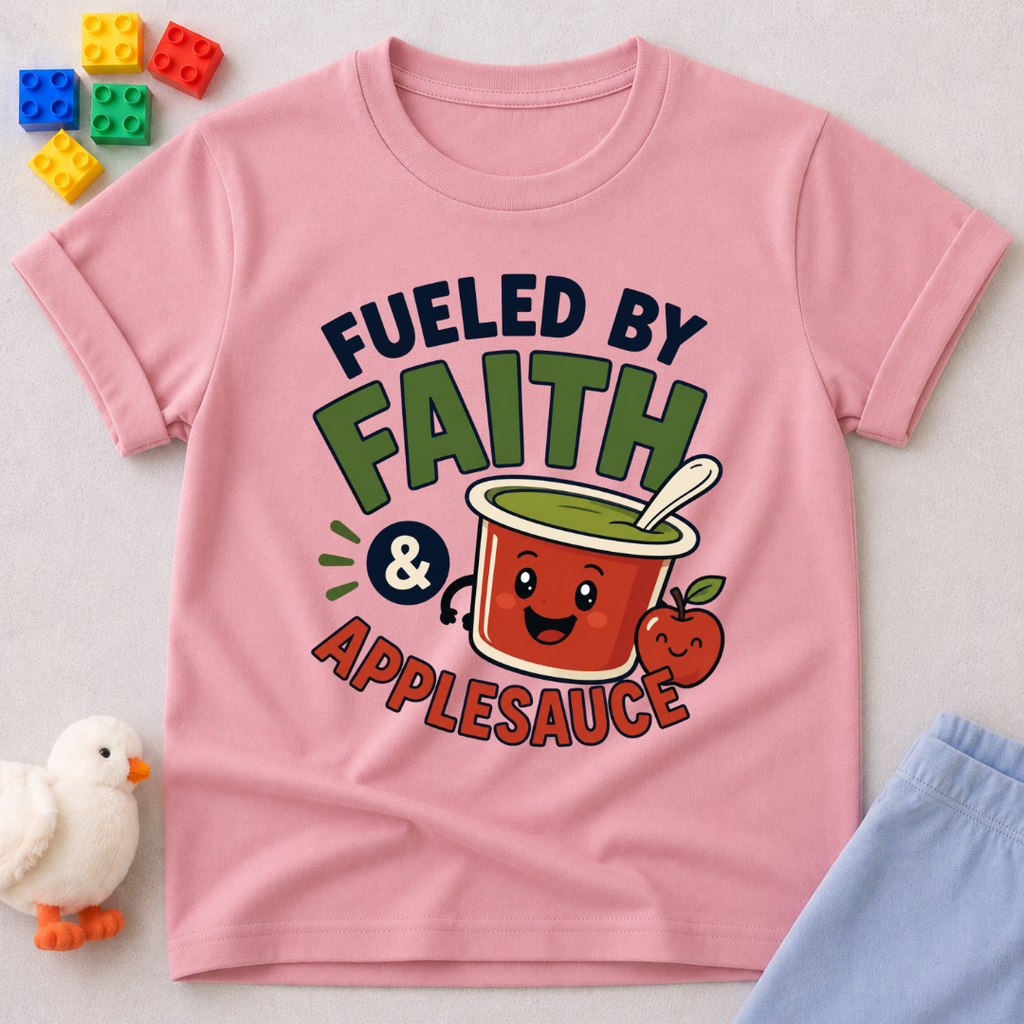 Fueled by Faith and Applesauce Christian kids shirt in pink featuring a smiling applesauce cup

