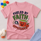 Fueled by Faith and Applesauce Christian kids shirt in pink featuring a smiling applesauce cup
