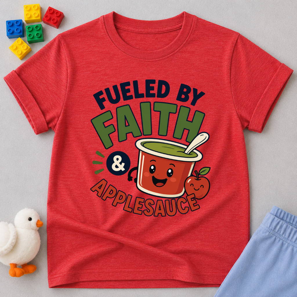 Fueled by Faith and Applesauce Christian kids shirt in red featuring a smiling applesauce cup
